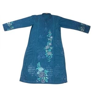 Elegant Blue Floral Long Sleeve Dress